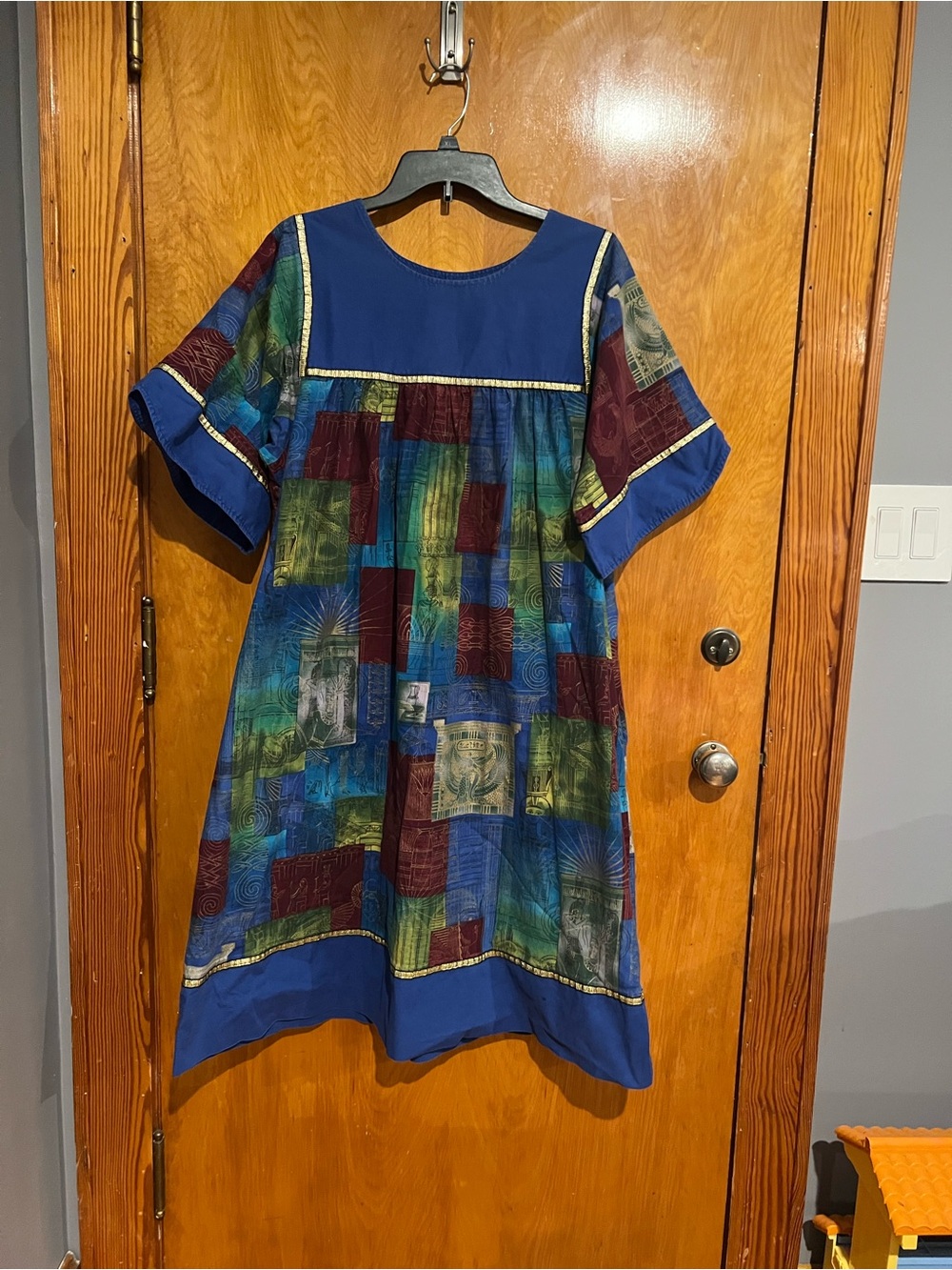 Blue Multicolor Patchwork Patio Dress with Gold Trim